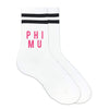 Phi Mu sorority name custom printed on black striped crew socks