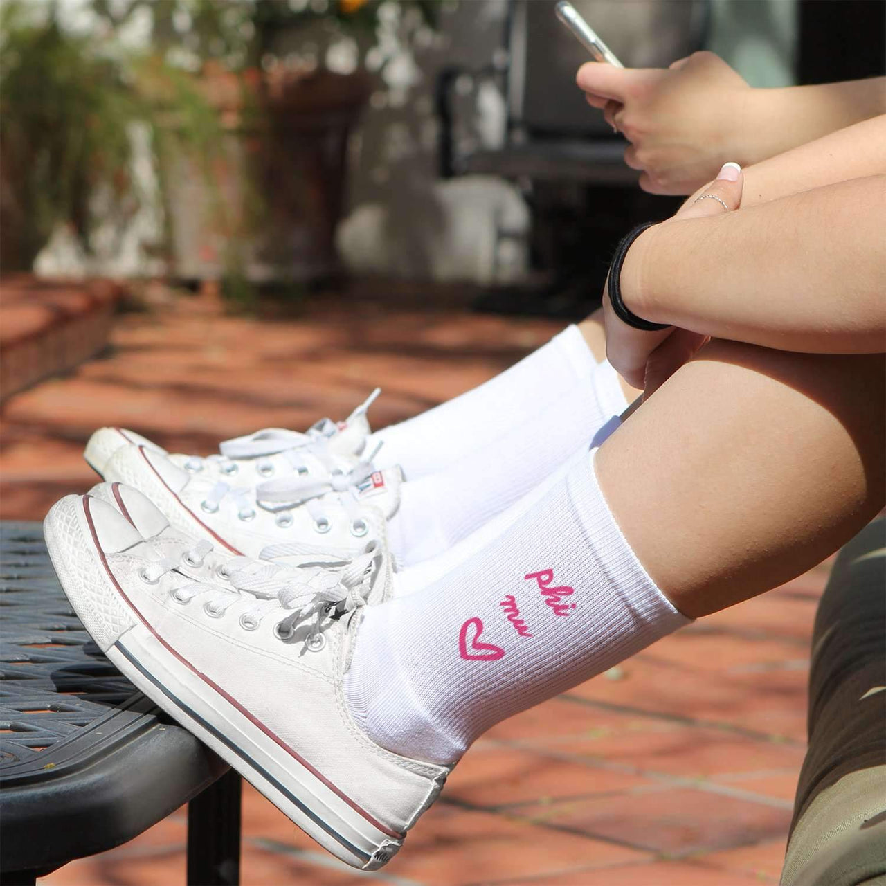 Phi Mu sorority name and heart design custom printed on white cotton crew socks