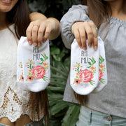 Phi Mu sorority name and watercolor floral design custom printed on white cotton no show socks
