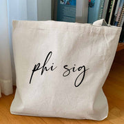 Phi Sigma Sigma sorority nickname custom printed on canvas tote bag is the perfect college tote bag.