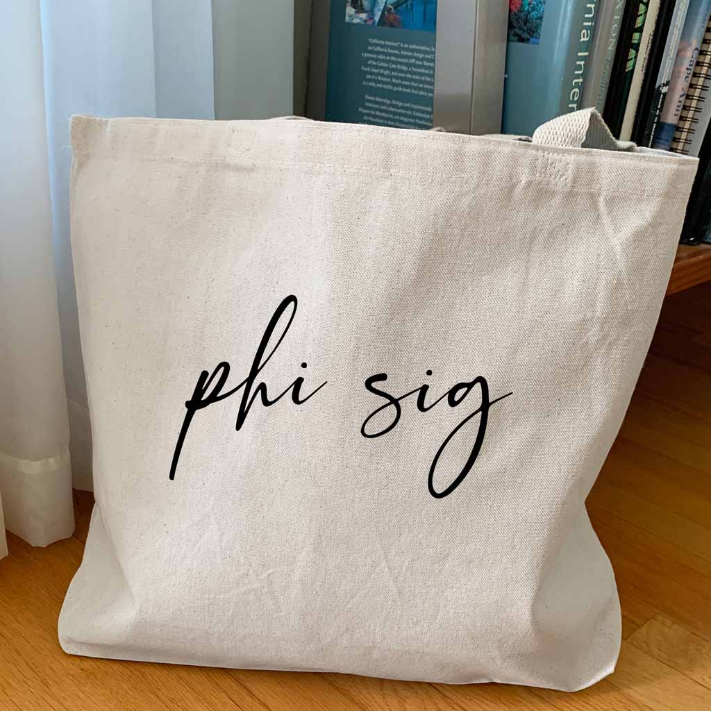 Phi Sigma Sigma sorority nickname custom printed on canvas tote bag is the perfect college tote bag.