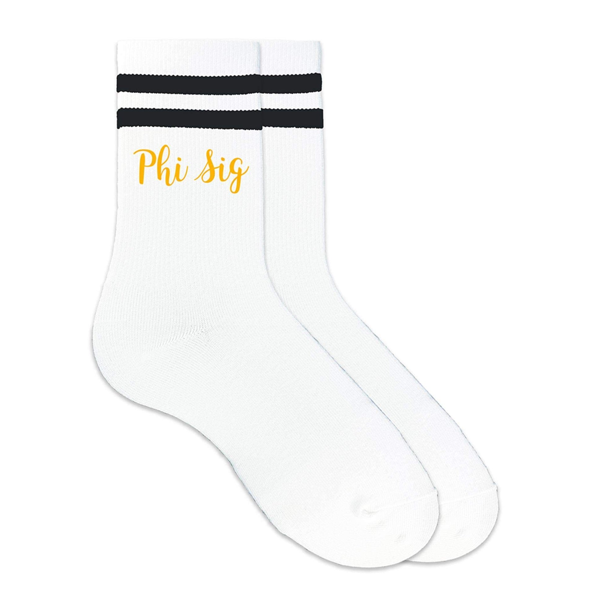 Phi Sig sorority nickname custom printed on striped crew socks
