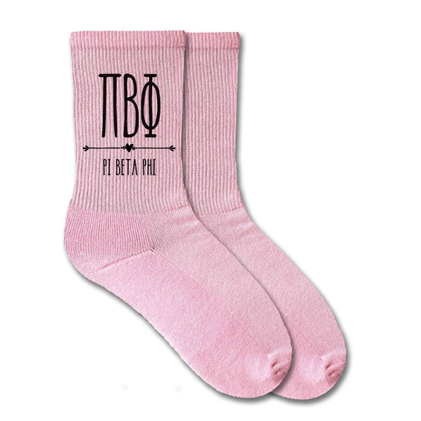 Pi Beta Phi sorority letters custom printed on pink cotton crew socks
