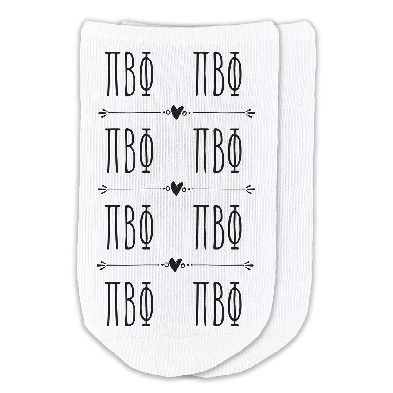 Pi Beta Phi sorority letters repeat boho design custom printed on white cotton no show socks