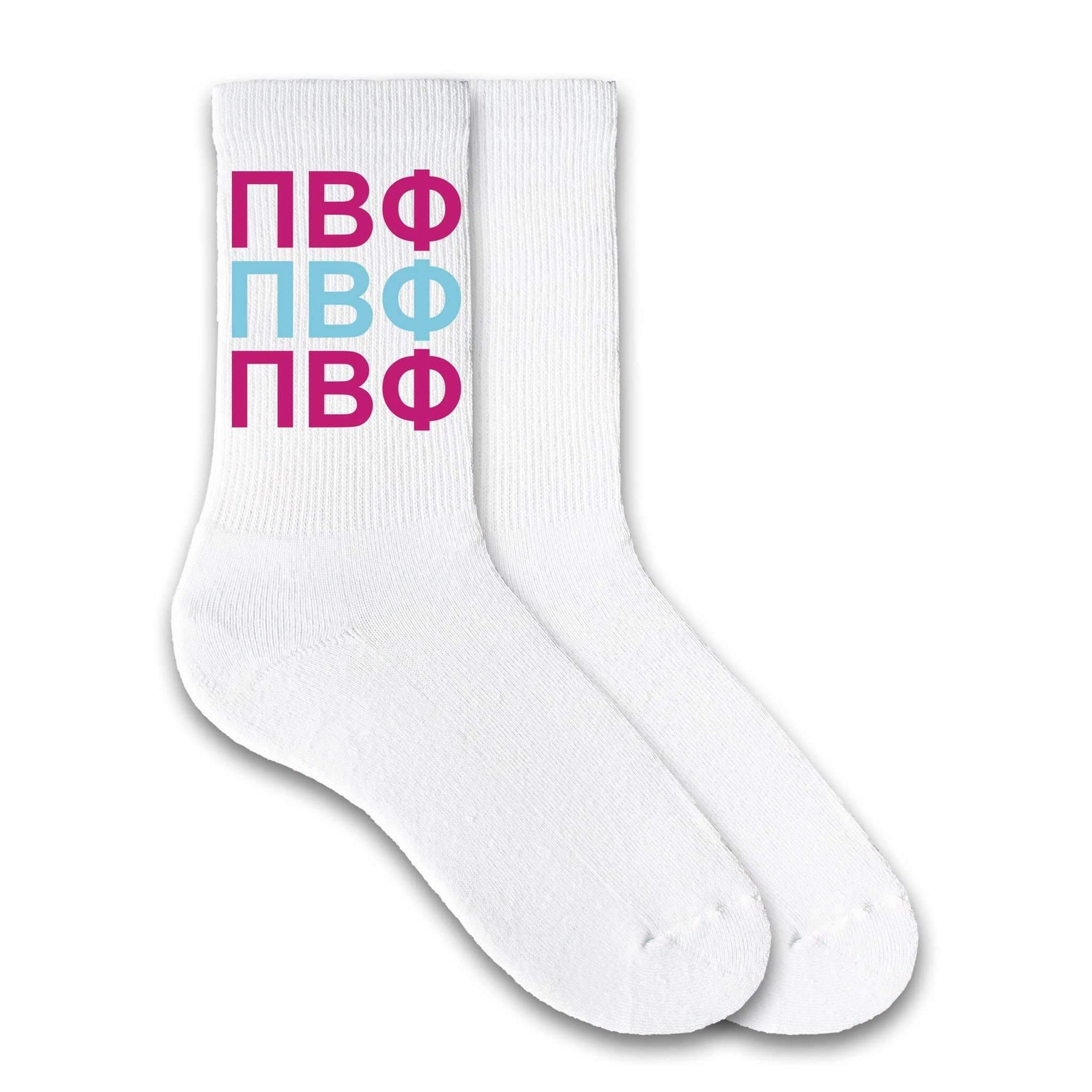 Pi Beta Phi sorority letters repeating design custom printed on white cotton crew socks