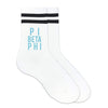 Pi Beta Phi sorority name custom printed in sorority color on striped crew socks