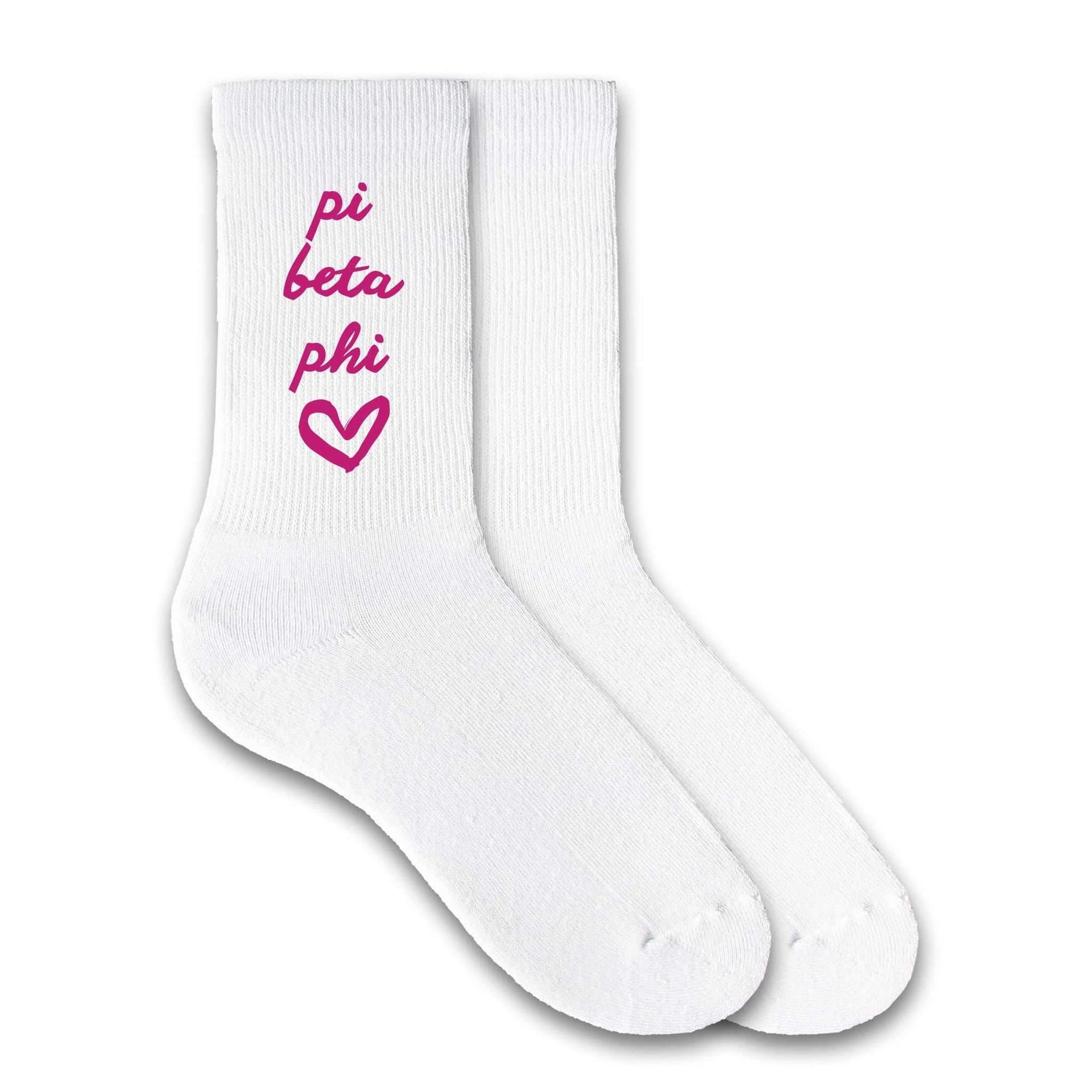 Pi Beta Phi sorority name with heart design custom printed on white cotton crew socks