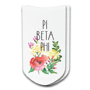Pi Beta Phi sorority name watercolor floral design custom printed on white cotton no show socks