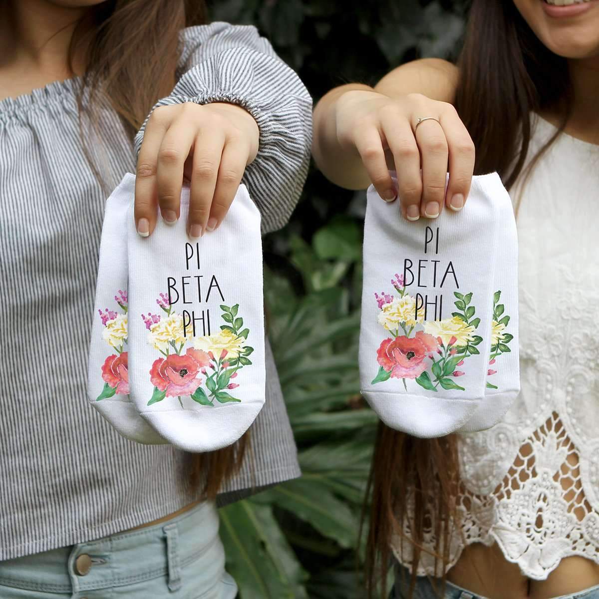 Pi Beta Phi sorority name with watercolor floral design custom printed on white cotton no show socks