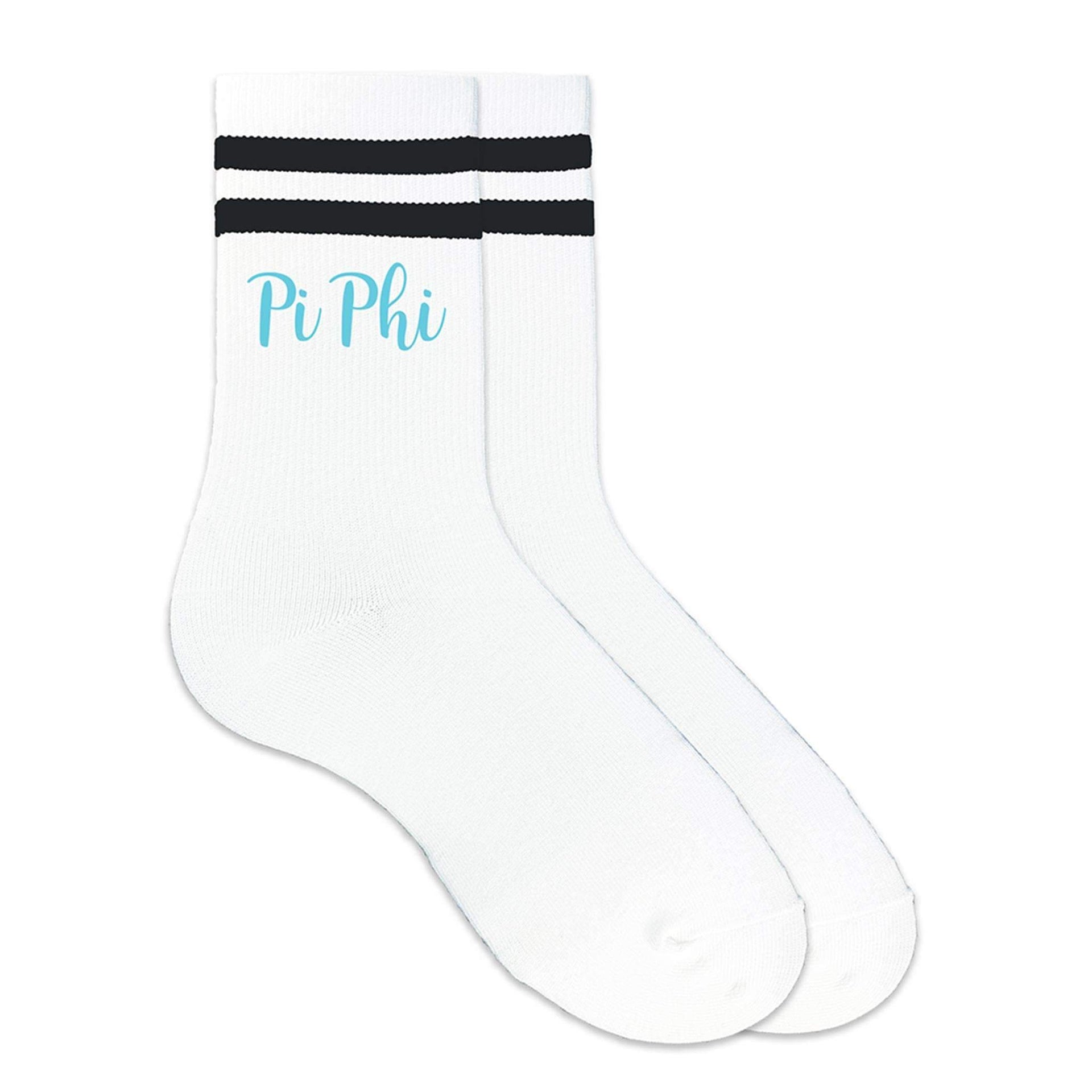 Pi Phi sorority nickname custom printed on striped cotton crew socks