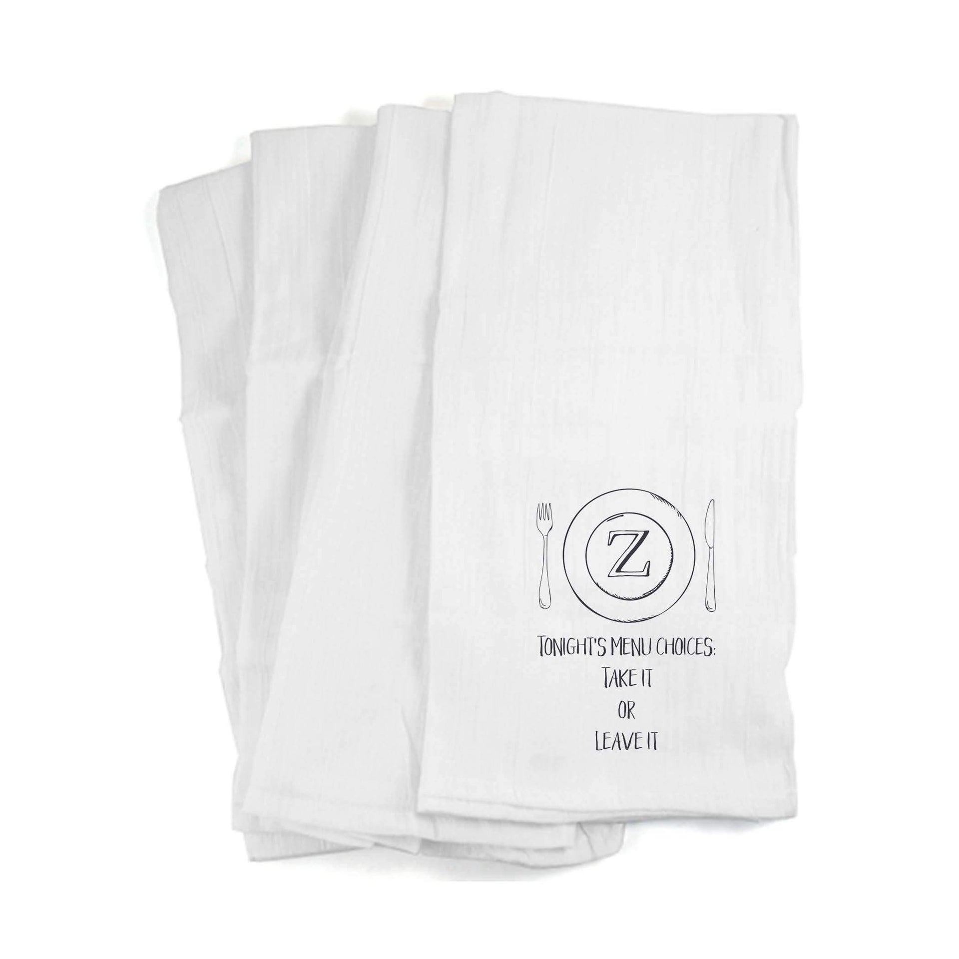 Kitchen towel custom printed with a plate and monogram initial design.