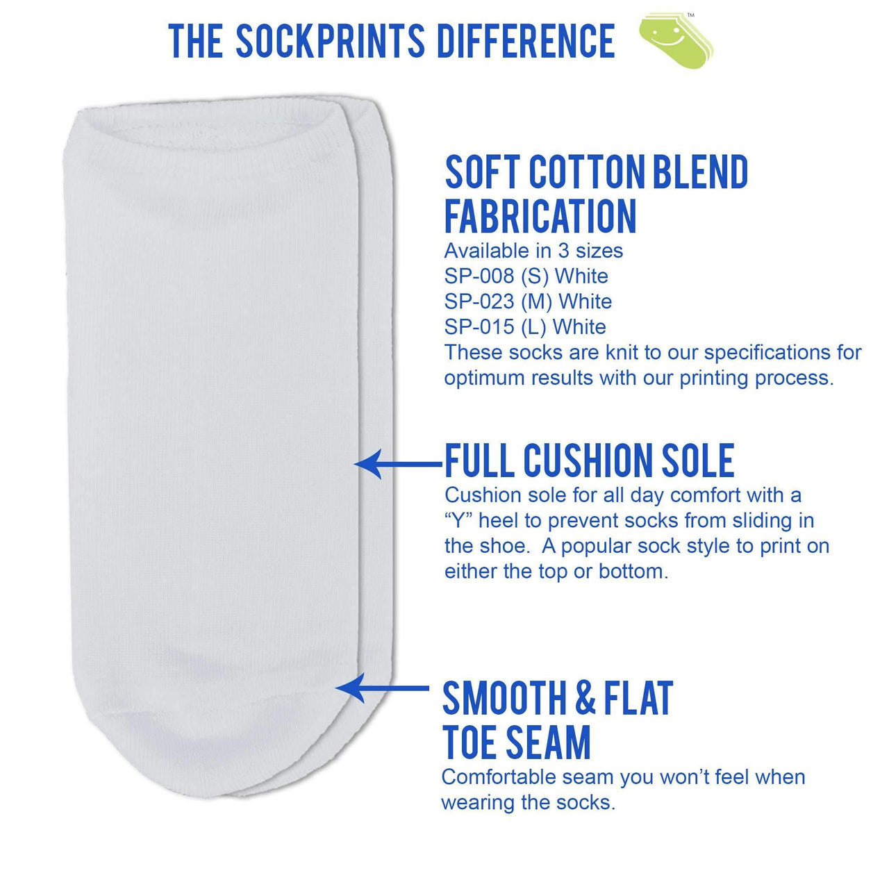 Soft cotton blend fabrication and full cushion sole with smooth and flat toe seam on these white no show socks.
