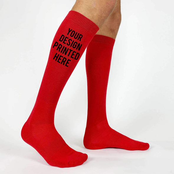 Red with black ink custom printed sports socks.