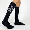 Black athletic socks with white ink custom printed sports socks.