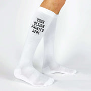 White with black ink athletic socks available for custom printing.