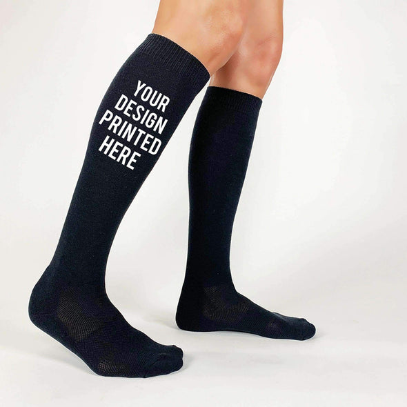 Custom printed sports knee high socks personalized with your own text or design or logo available in four colors.