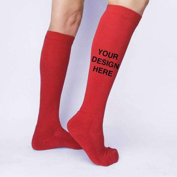 Custom printed sports knee high socks personalized with your own text or design or logo available in four colors.