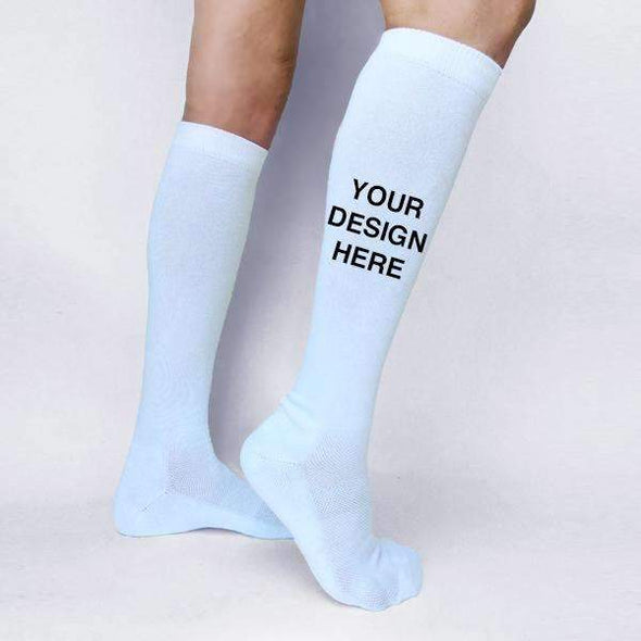 Custom printed sports knee high socks personalized with your own text or design or logo available in four colors.