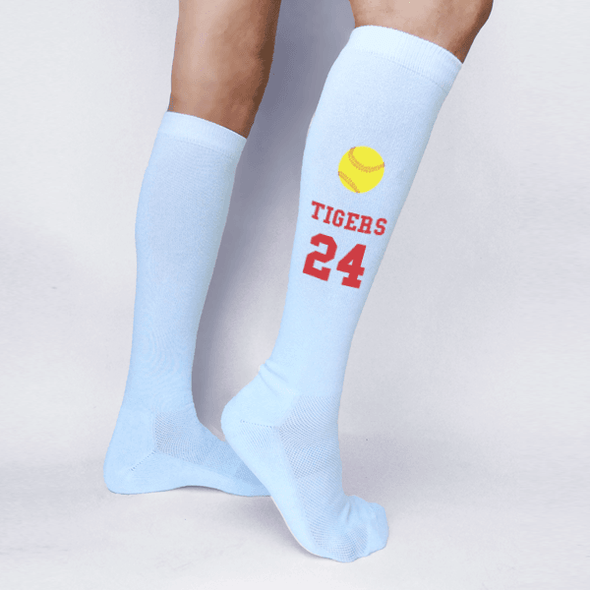 Custom printed sports knee high socks personalized with your own text or design or logo available in four colors.