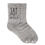 Sigma Delta Tau sorority name custom printed on heather gray cotton crew socks