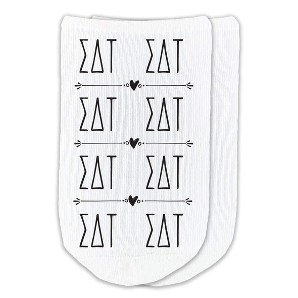 Sigma Delta Tau sorority letters custom printed on white cotton no show socks