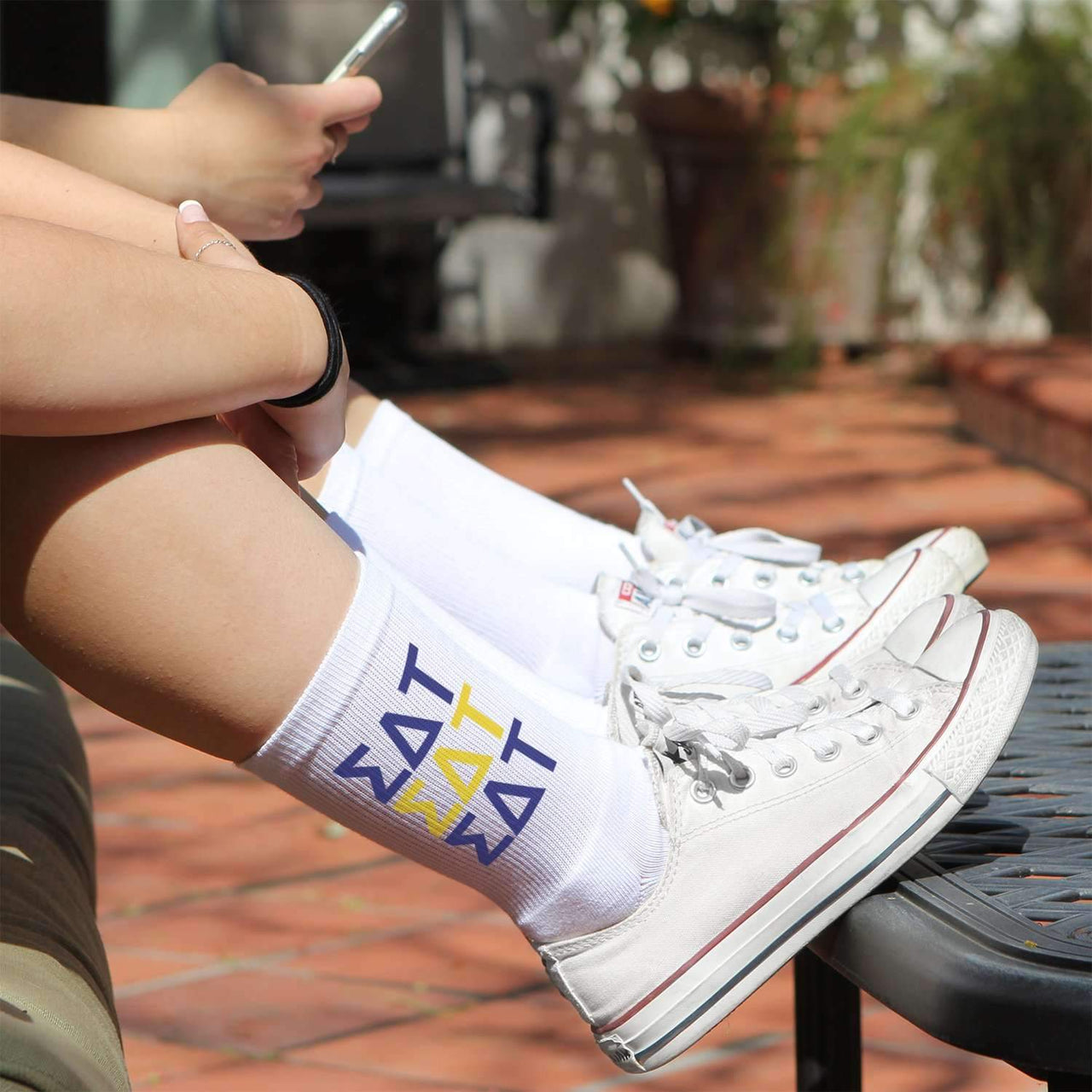 Sigma Delta Tau sorority letters custom printed on white cotton crew socks