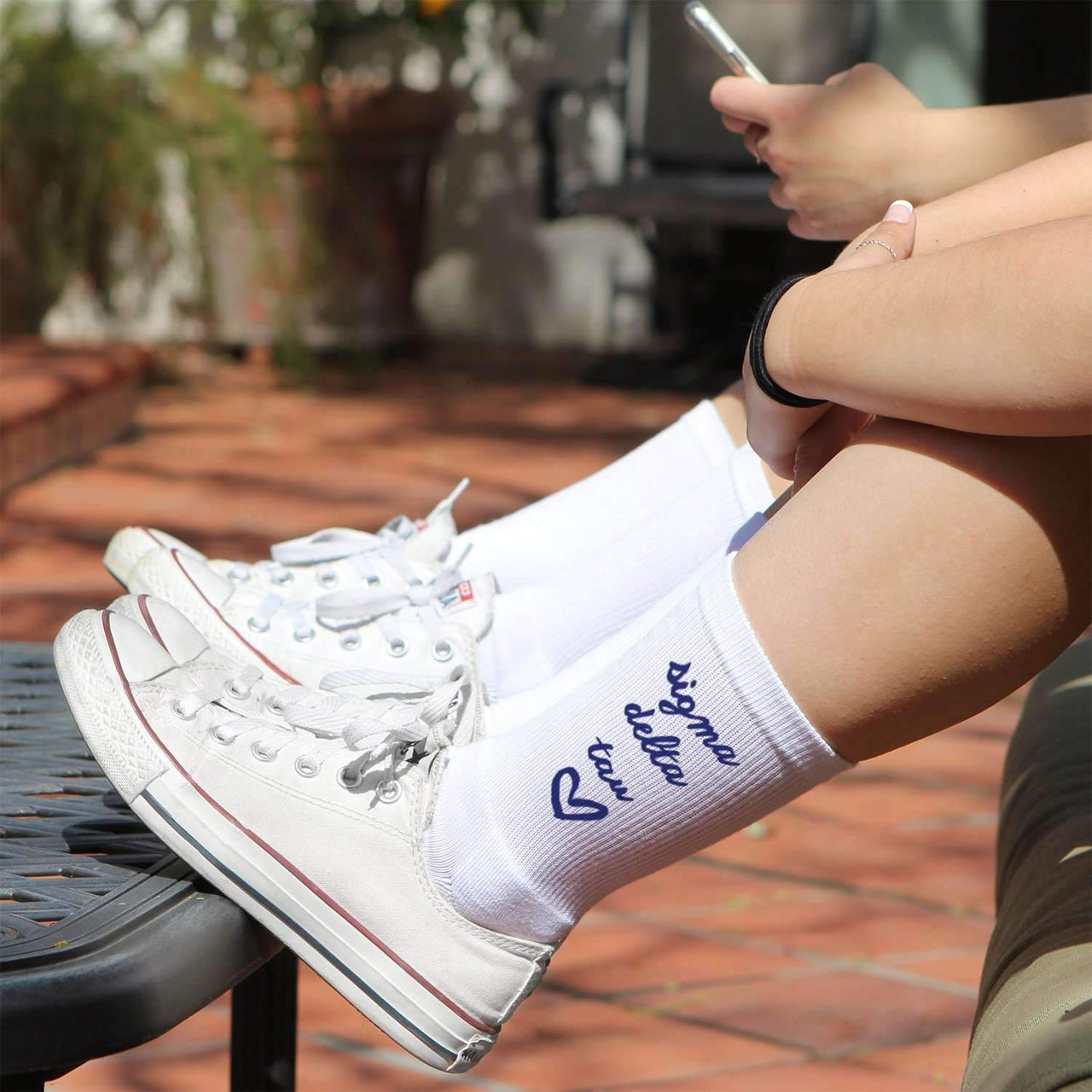 Sigma Delta Tau sorority name custom printed on white cotton crew socks