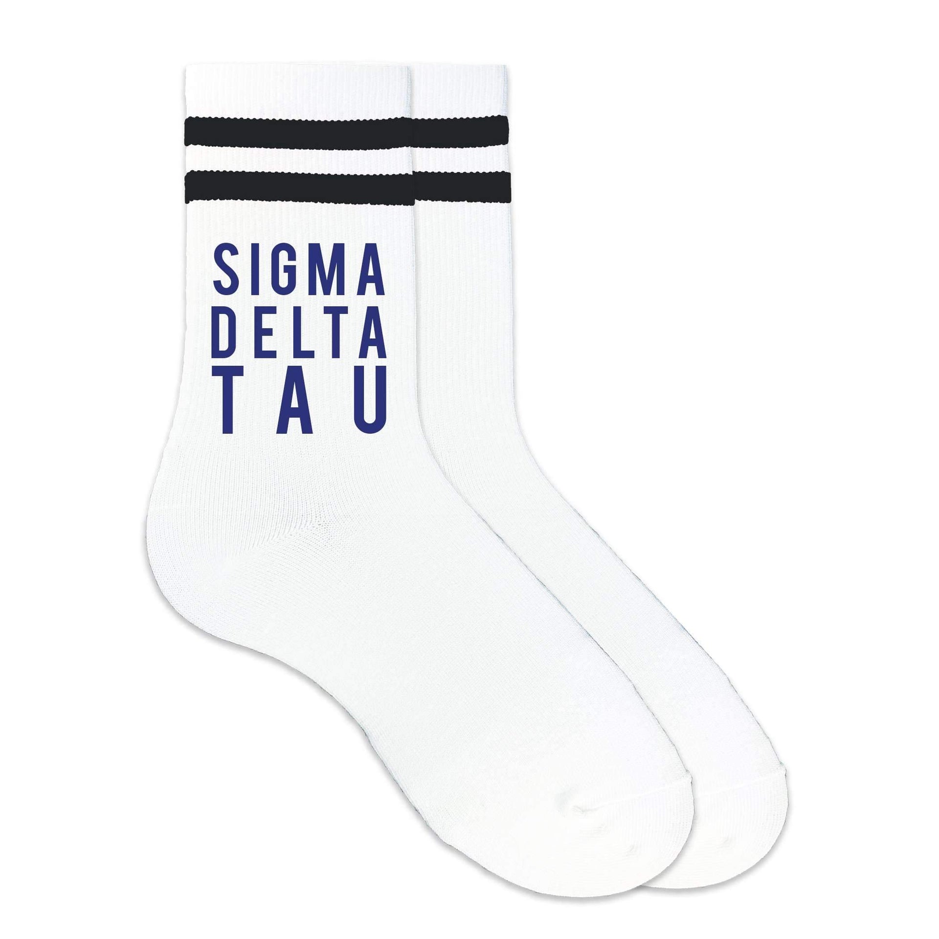 Sigma Delta Tau sorority name custom printed on black striped crew socks