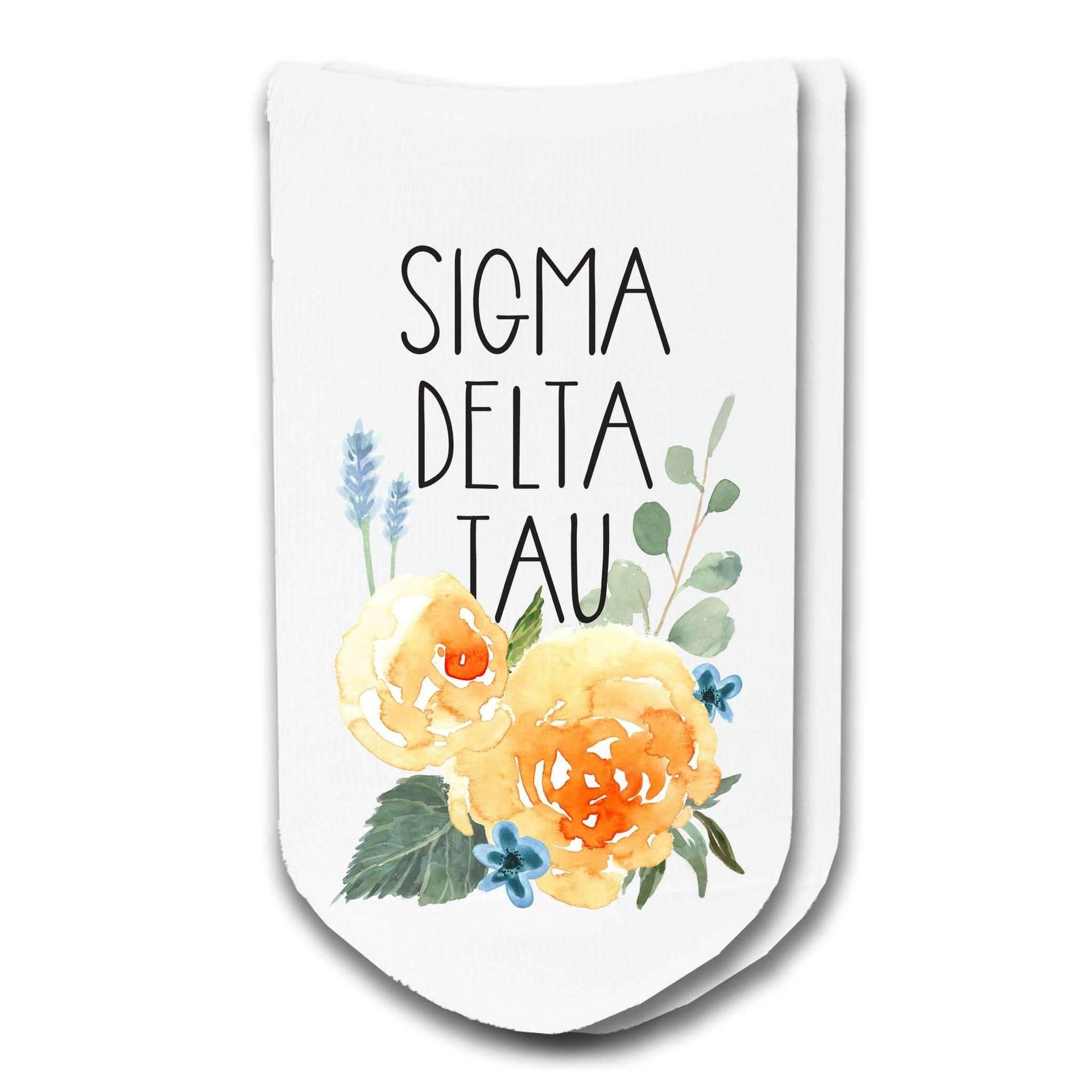 Sigma Delta Tau sorority name watercolor floral design custom printed on white cotton no show socks