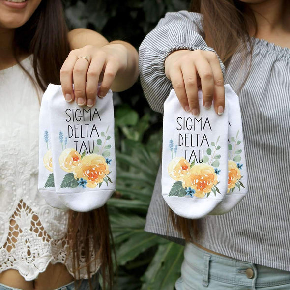 Sigma Delta Tau sorority name watercolor floral design custom printed on cotton no show socks
