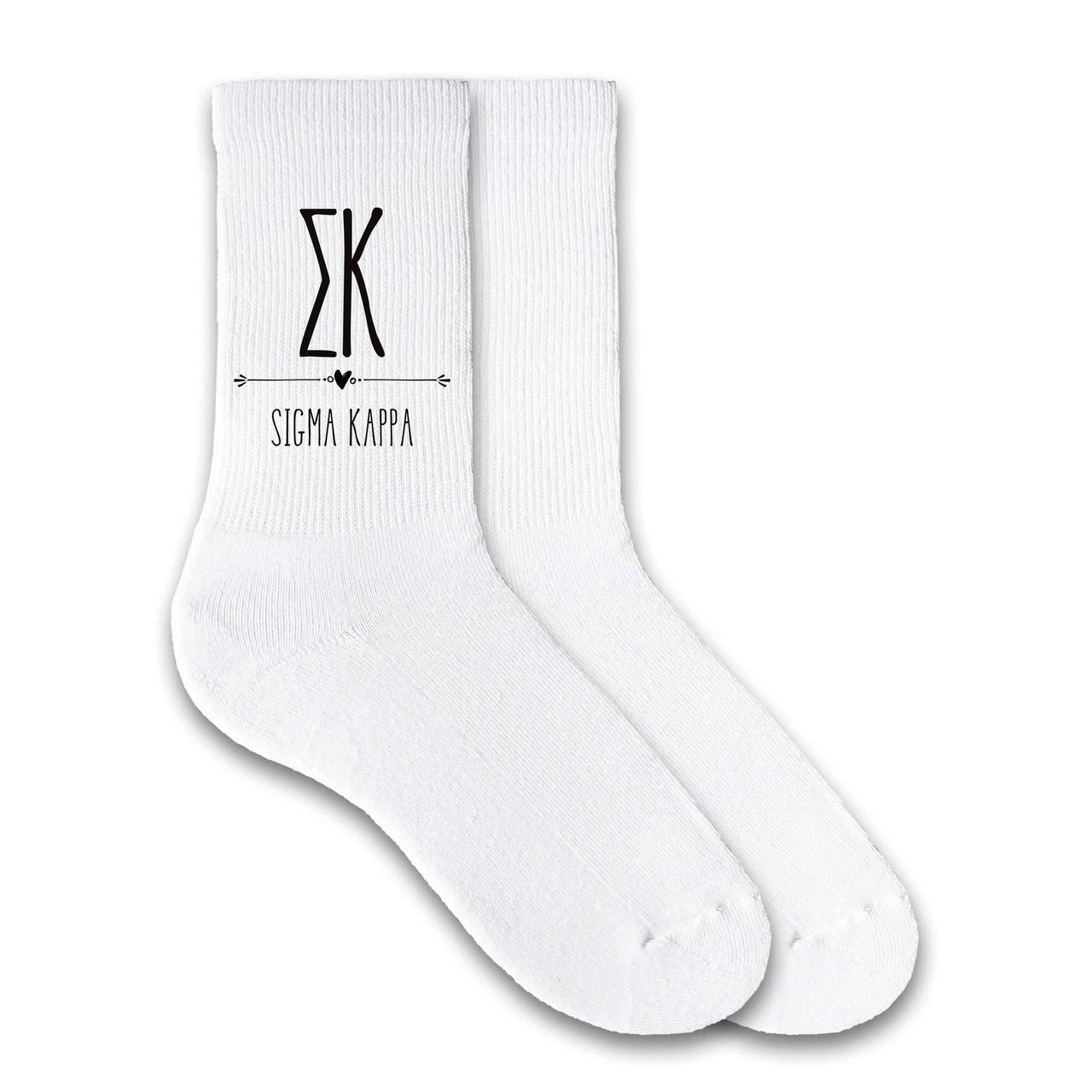 Sigma Kappa sorority letters and name custom printed on cotton crew socks