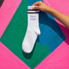 Sigma Kappa sorority name custom printed on black striped crew socks