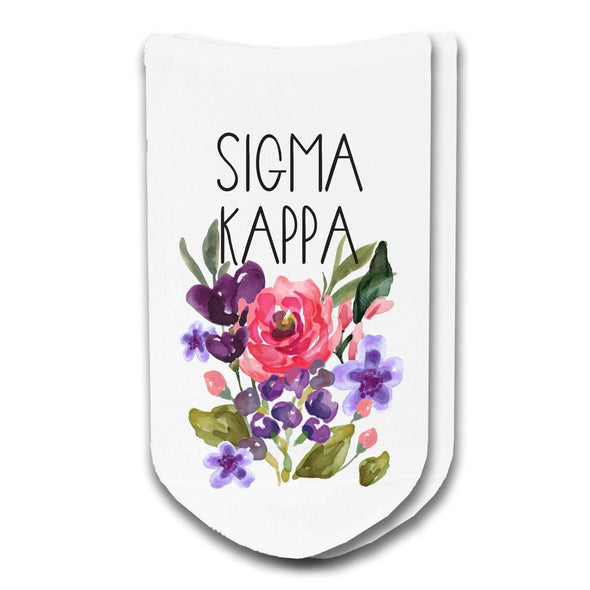 Sigma Kappa sorority name watercolor floral design custom printed on no show socks