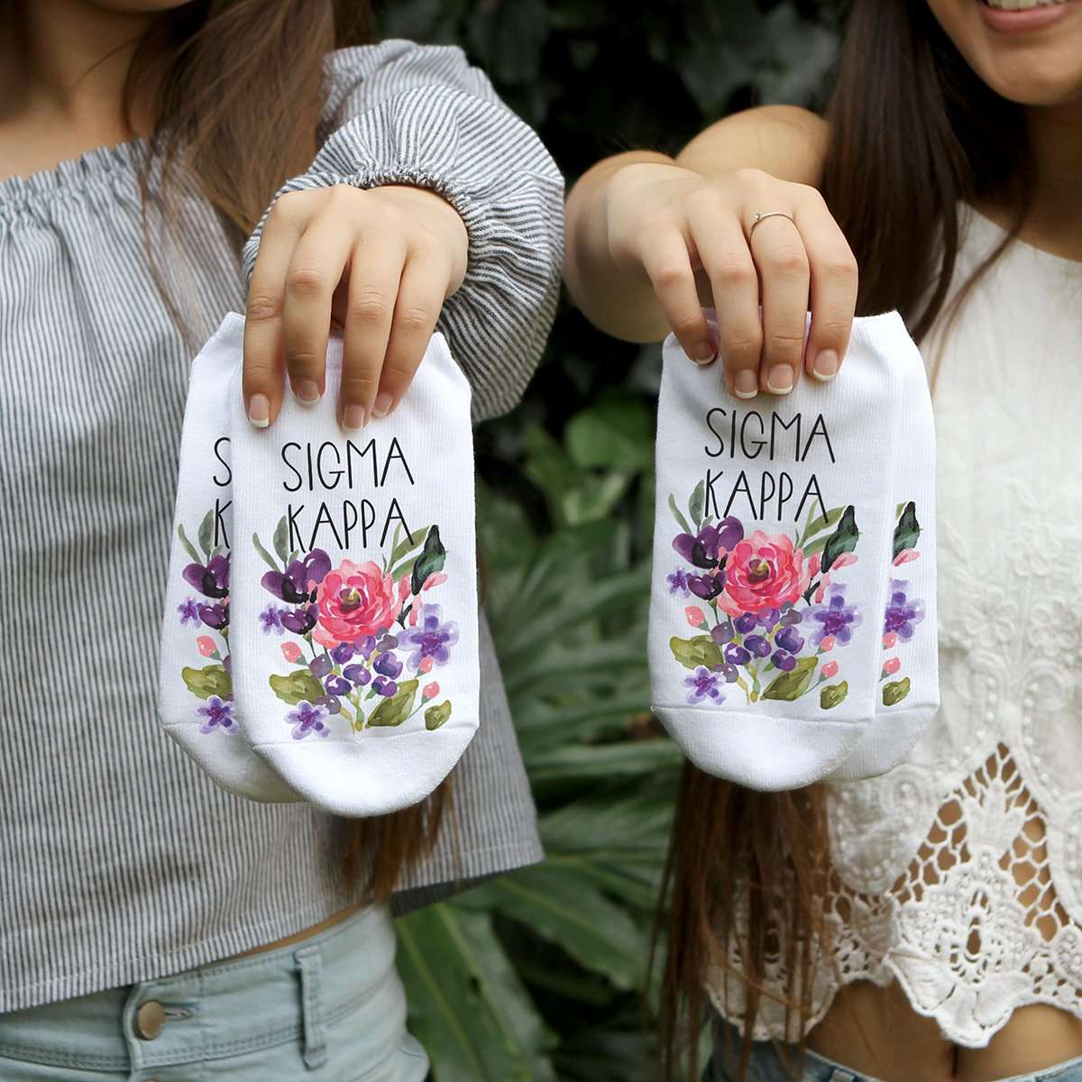 Sigma Kappa sorority name watercolor floral design custom printed on white cotton no show socks