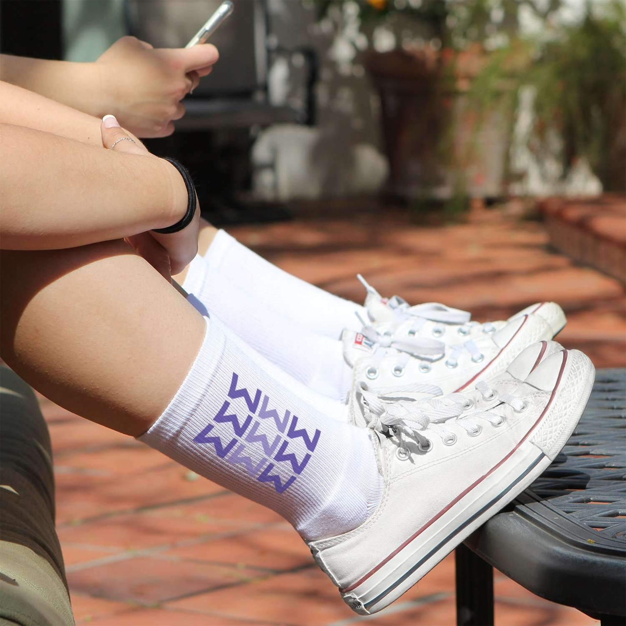 Tri Sig sorority letters custom printed on white cotton crew socks