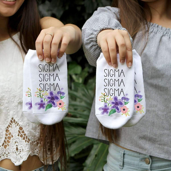 Sigma Sigma Sigma sorority name watercolor floral design custom printed on white cotton no show socks