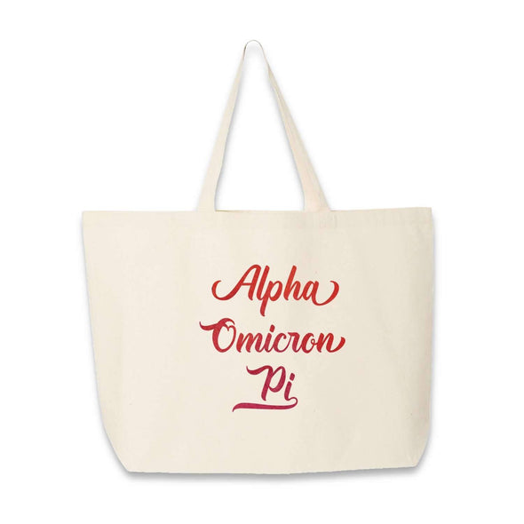Alpha Omicron Pi sorority name custom printed on canvas tote bag