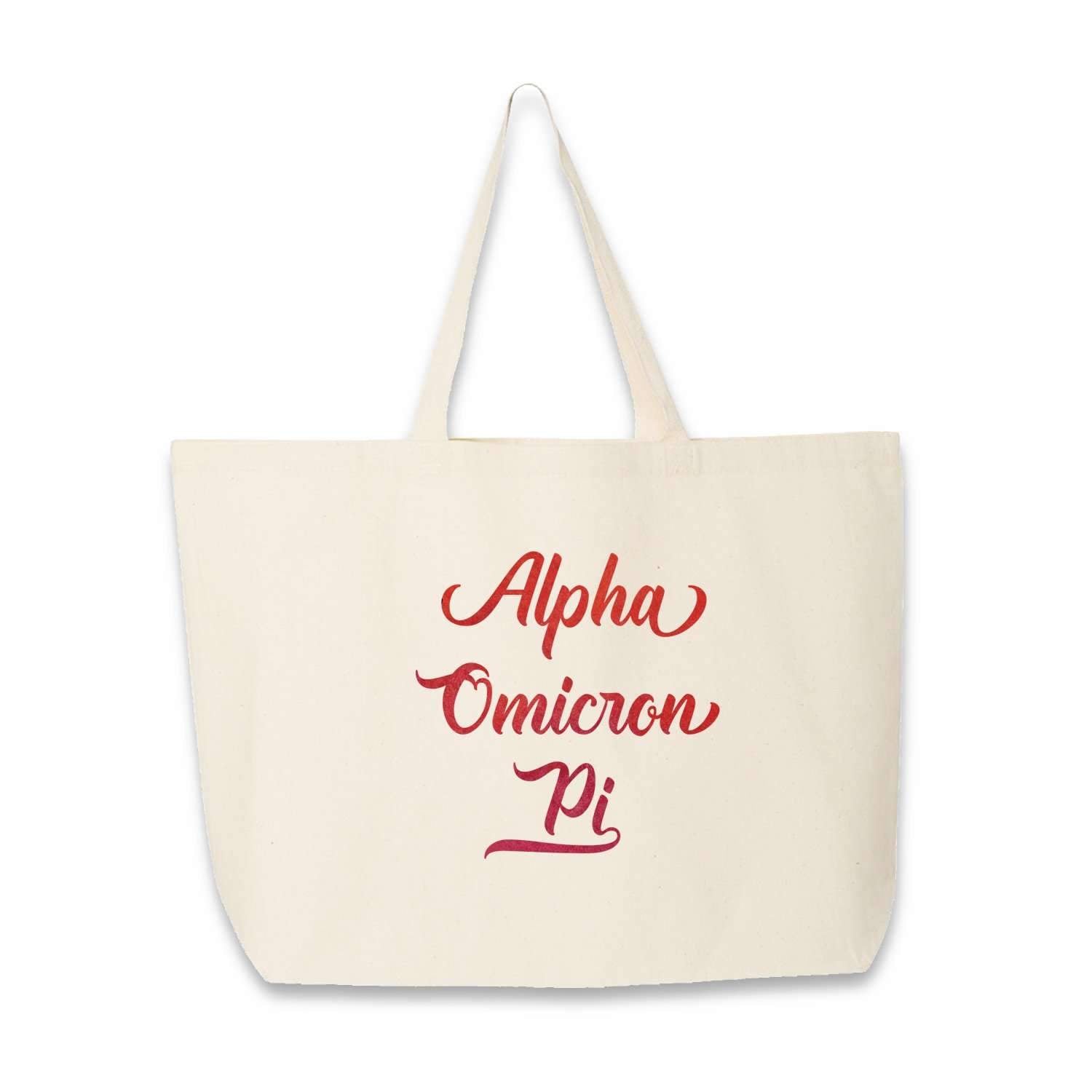 Alpha Omicron Pi sorority name custom printed on canvas tote bag