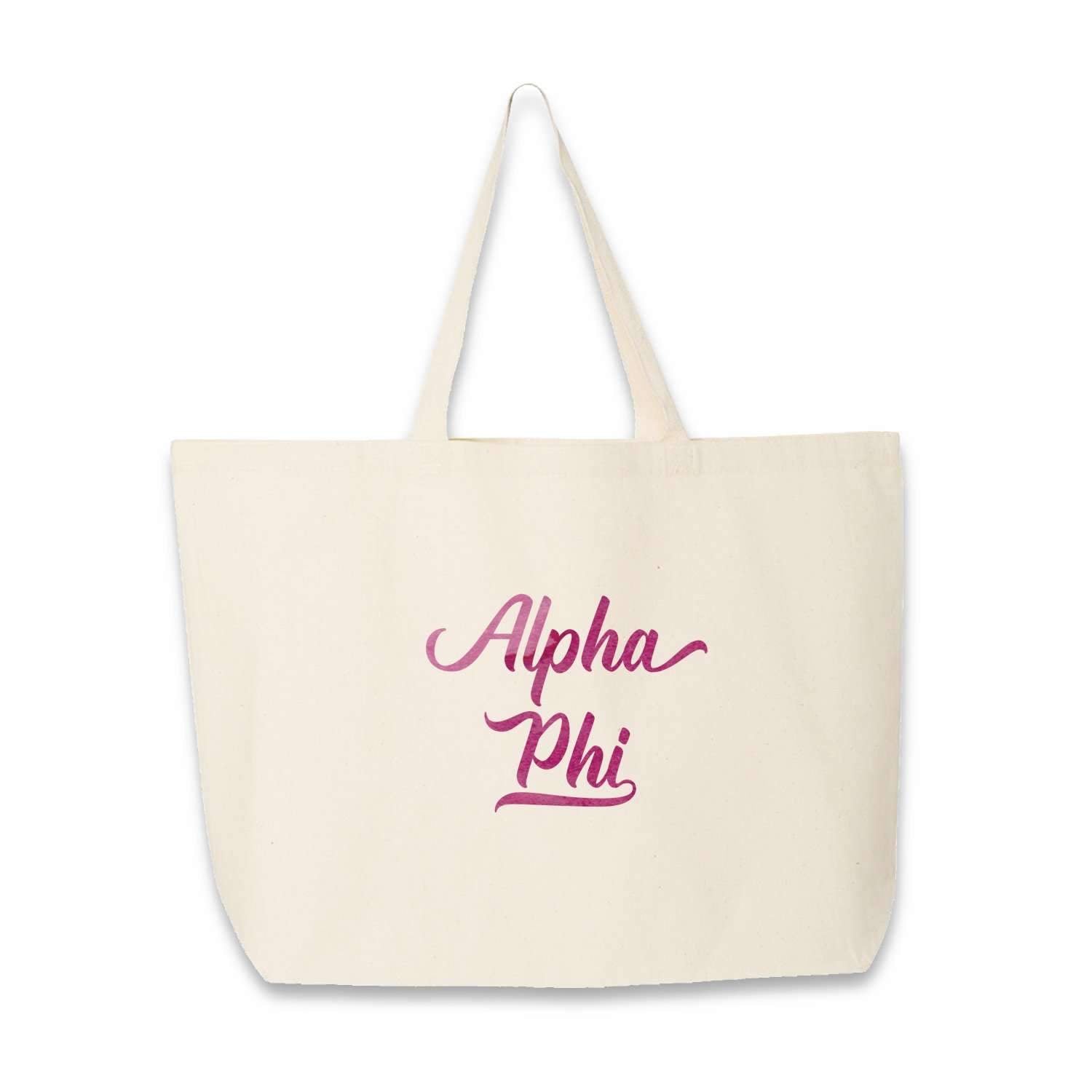 Alpha Phi sorority name custom printed on canvas tote bag