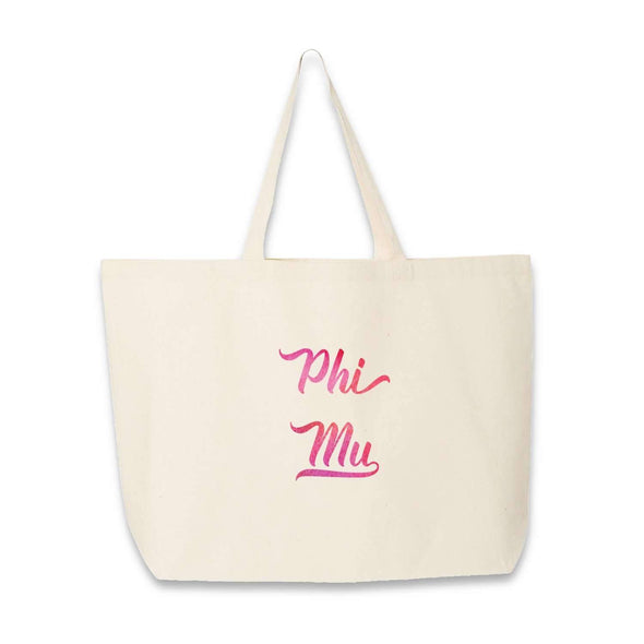 Phi Mu sorority name custom printed on canvas tote bag