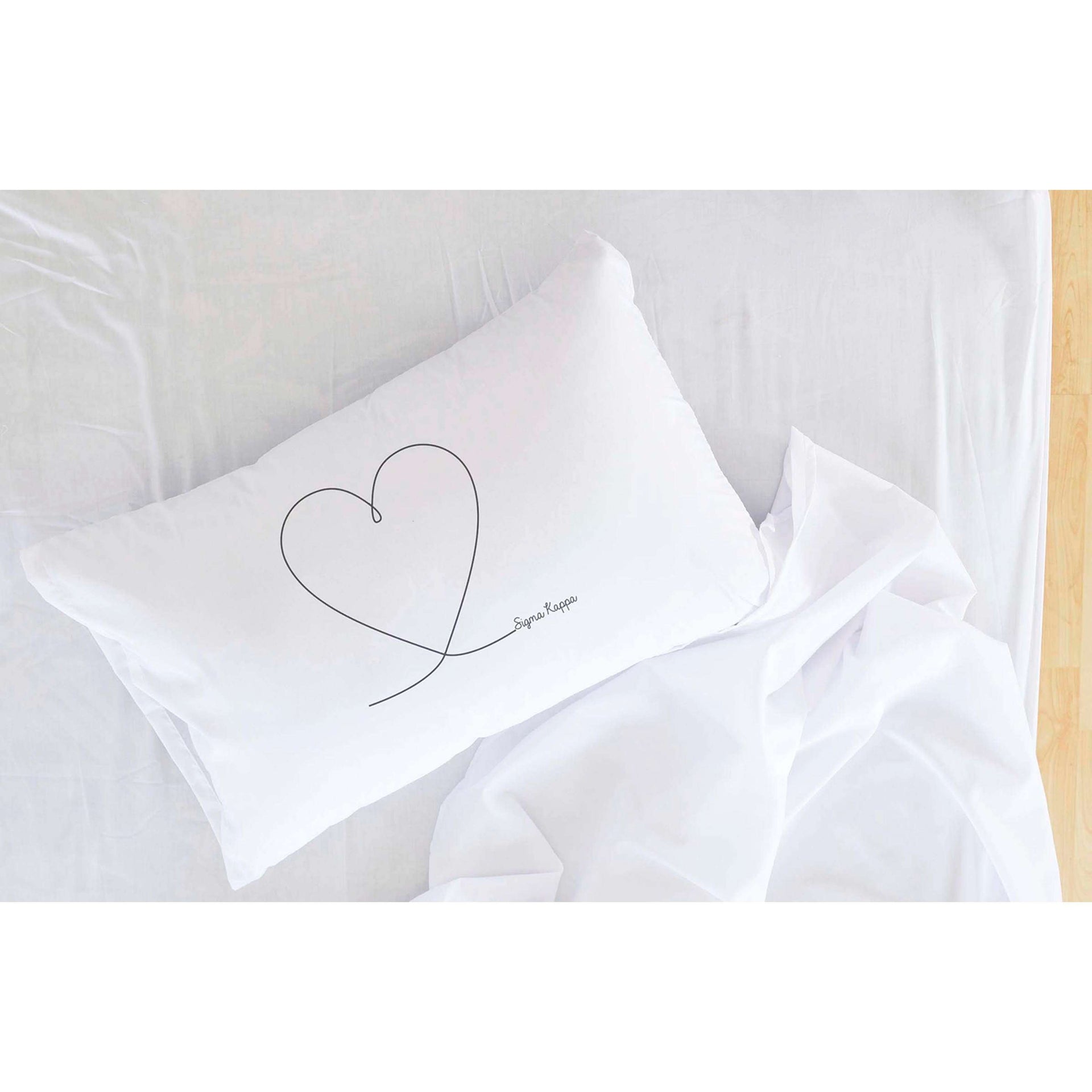 Sorority name in handwriting heart design custom printed on pillowcase.
