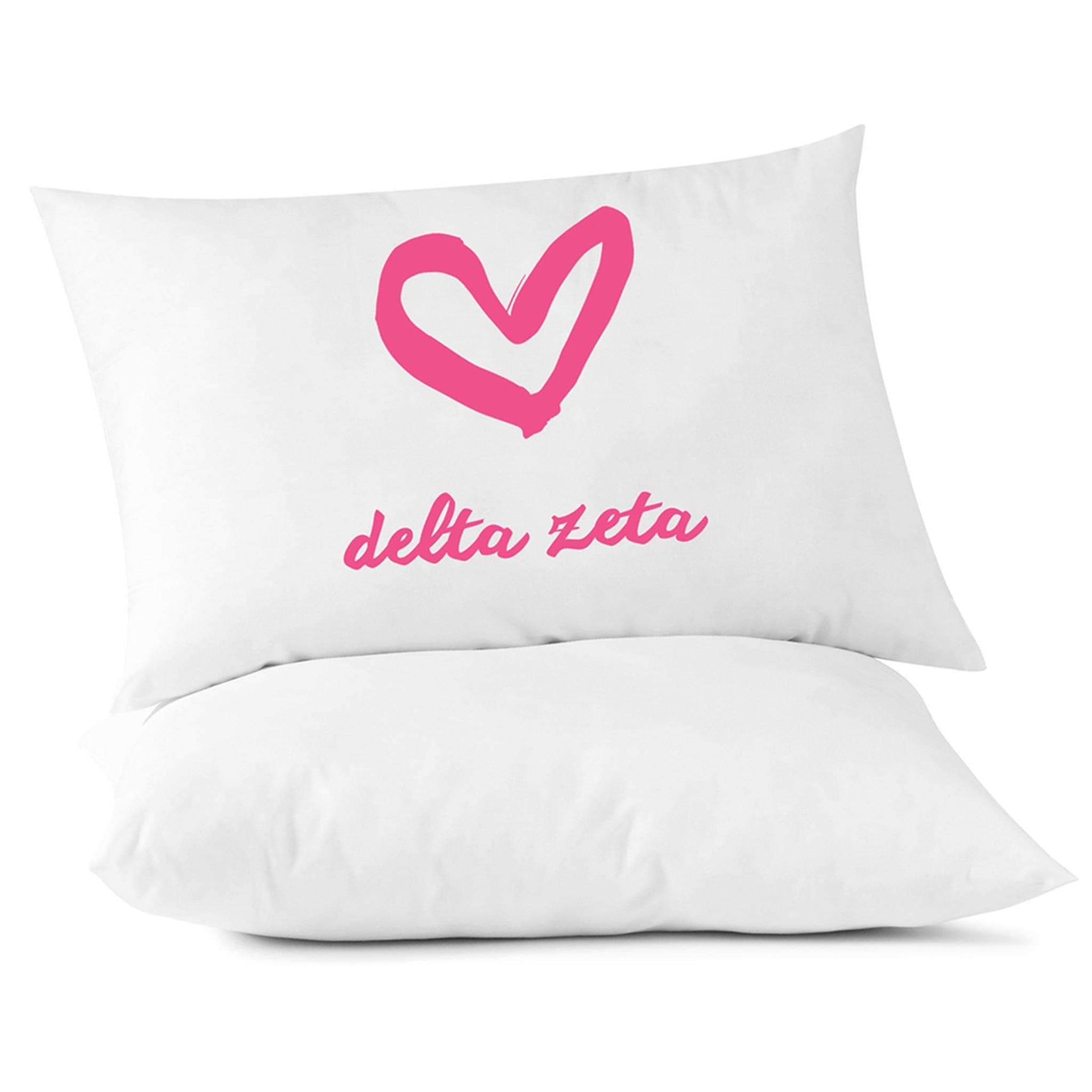Delta Zeta sorority name with heart design custom printed on pillowcase.