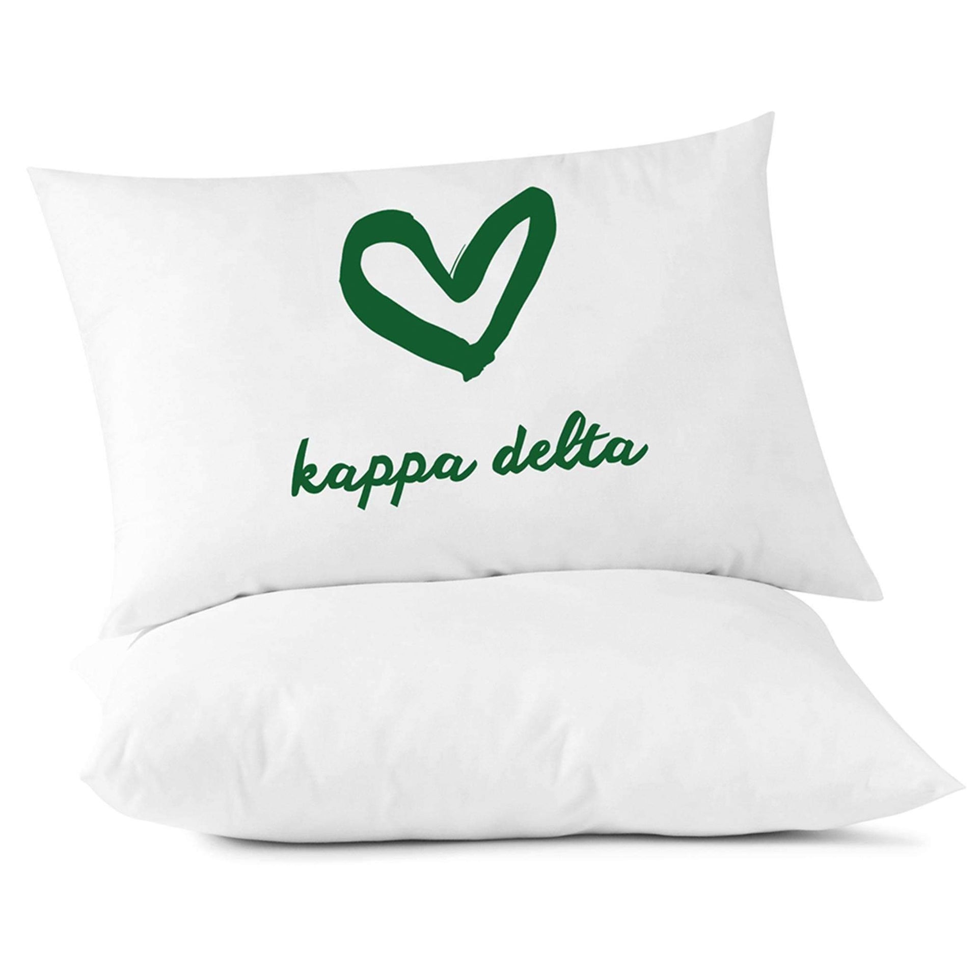 KD sorority name with heart design custom printed on pillowcase.