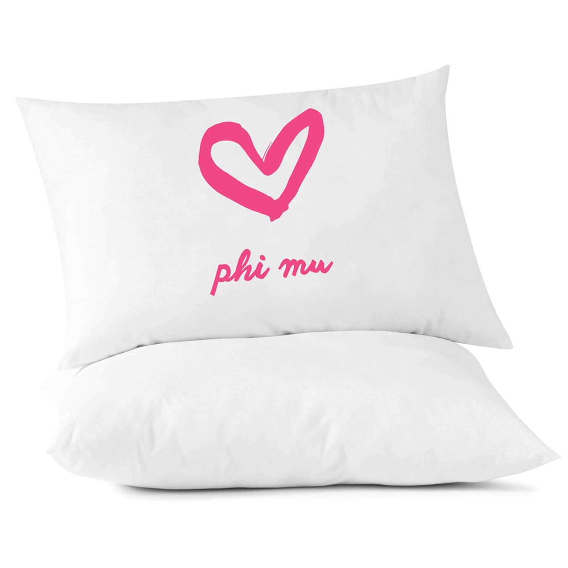 Sorority name heart design Phi Mu custom printed on pillowcase.