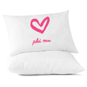 Sorority name heart design Phi Mu custom printed on pillowcase.