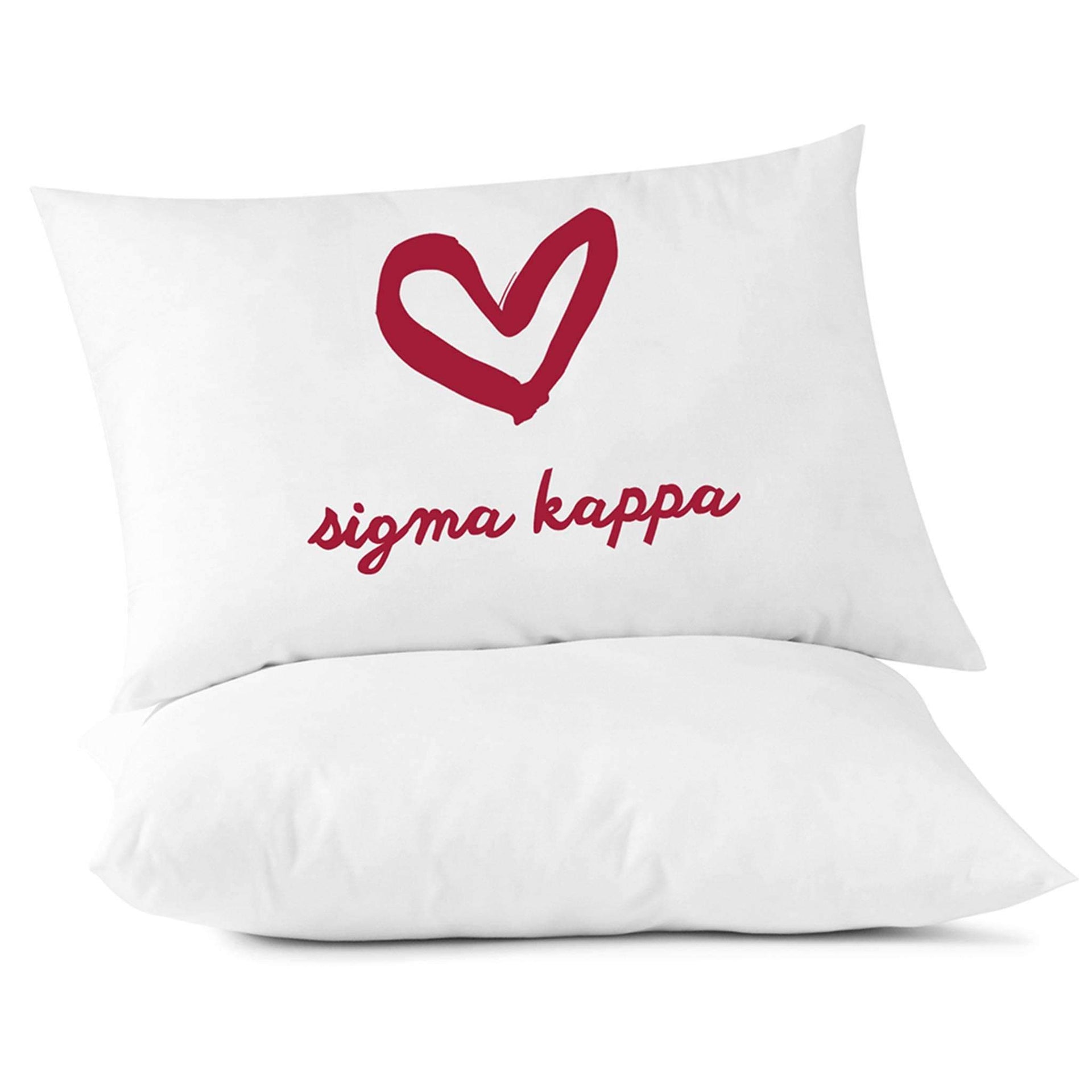 SK sorority name with heart design custom printed on pillowcase.