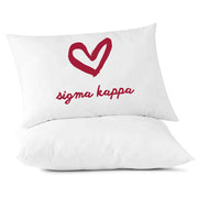 SK sorority name with heart design custom printed on pillowcase.