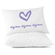 Tri Sigma sorority name in heart design custom printed on pillowcase.