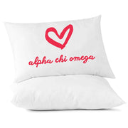 AXO sorority name with heart design custom printed on pillowcase.