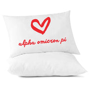 AOP sorority name with heart design custom printed on pillowcase.